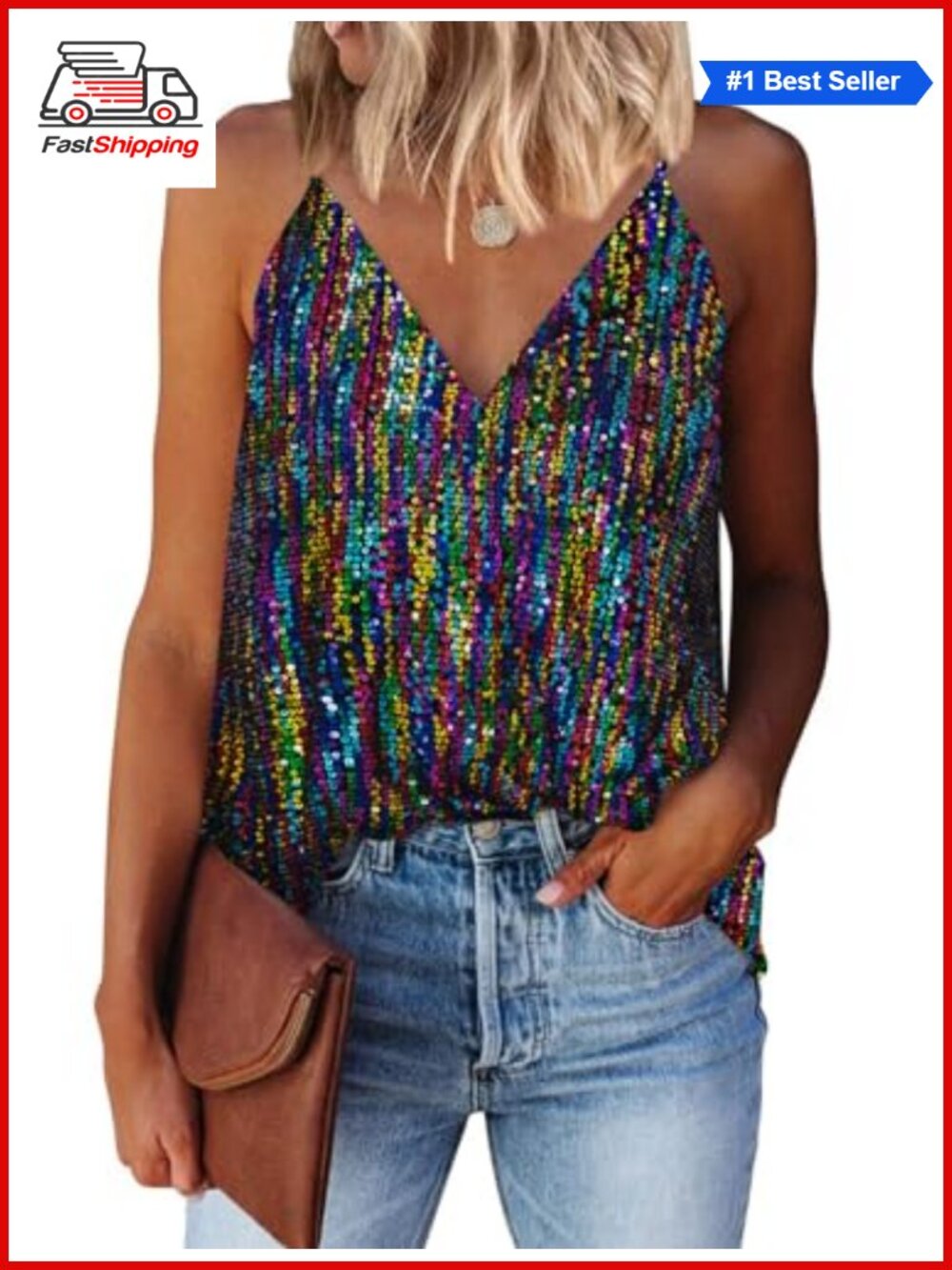 ✨ Sparkle Sequin V Neck Racerback Tank Top Sleeveless Party Wedding